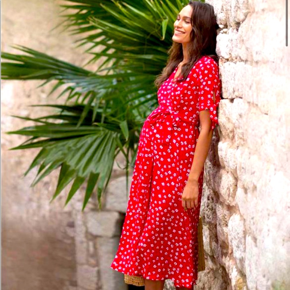 Seraphine Red Midi Dress with White Floral Print